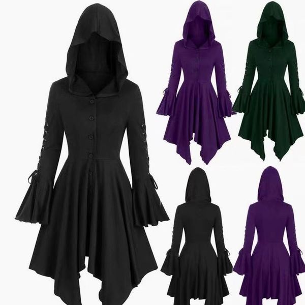

halloween easter fashion explosion corns lace-up hooded cardigan sleeves irregular swing vampire hunter cape coat lady, Black;red