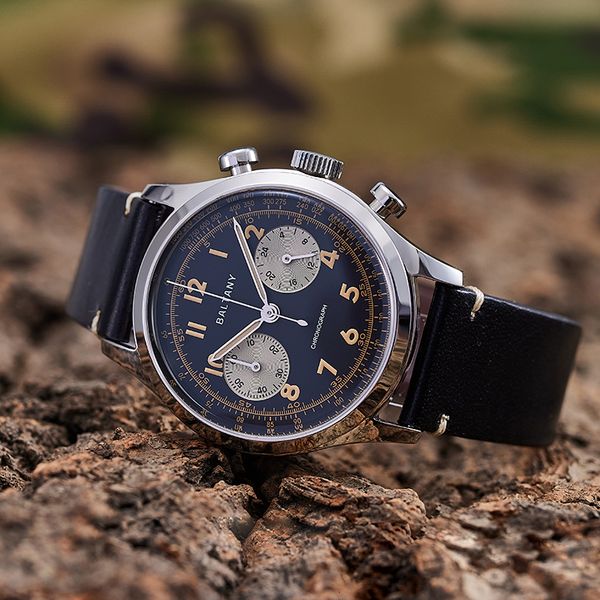 

wristwatches baltany watches for men retro 24 hours chronograph multifunction white enamel dial swiss yellow oil lume vintage quartz 230825, Slivery;brown