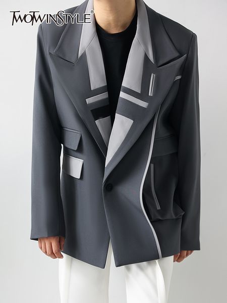 

women blends twotwinstyle hit color patchwork button blazers for women notched collar long sleeve loose advanced temperament blazer female 2, Black