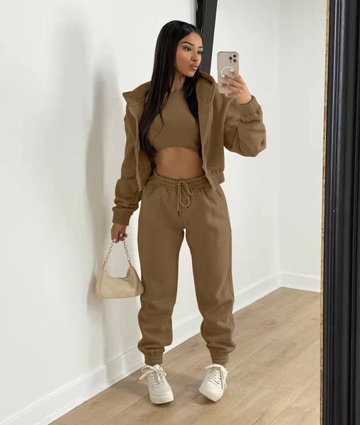 

women s two piece pants fashion women 3 sets long sleeve zip hoodies ribbed tank high waist sweatpants jogger pant suit sporty three pieces, White