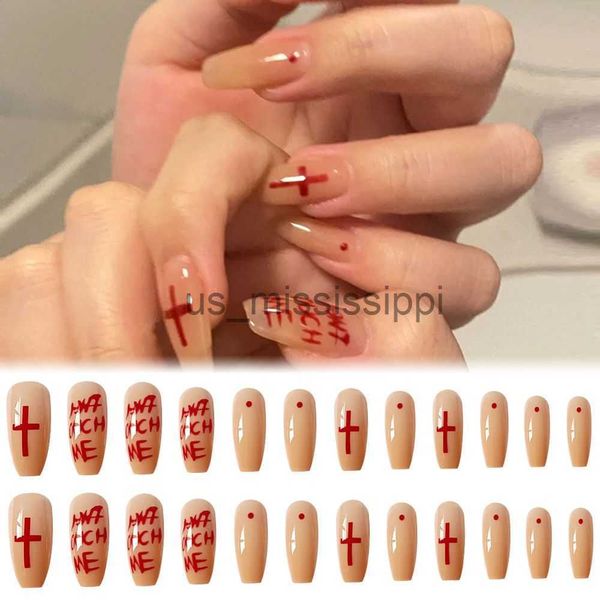 

false nails 24pcs long nails blue heart simple transparent powder full drill fake nails blood red cross halloween full coverage x0826, Red;gold