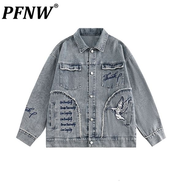 

men's jackets pfnw american high street embroidered raw edge washing denim jacket spring autumn streetwear hip hop loose coats 12g2339, Black;brown