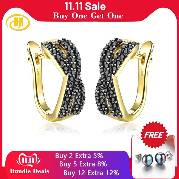 

huggie natural black spinel solid silver s925 clip earring yellow gold plated women classic style jewelry birthday christmas gifts, Golden;silver