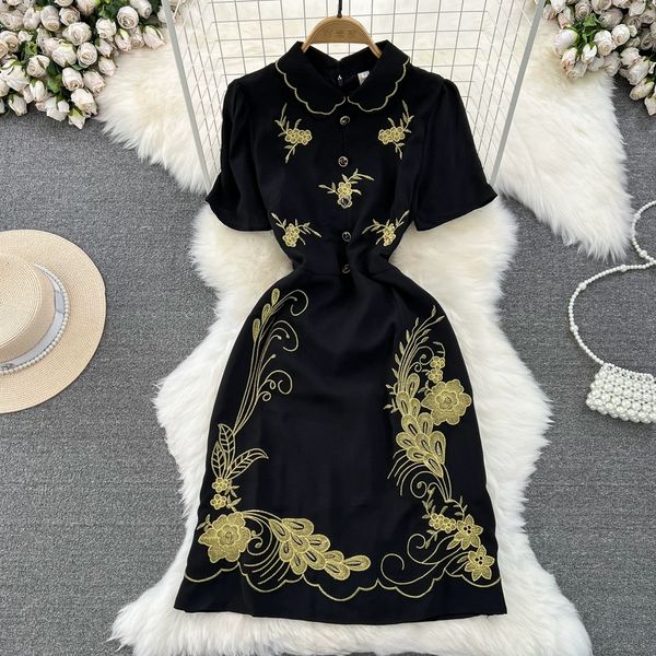

summer luxury celebrity style dress short sleeved polo neck waist slim mid length a-line embroidered dress, Black;gray