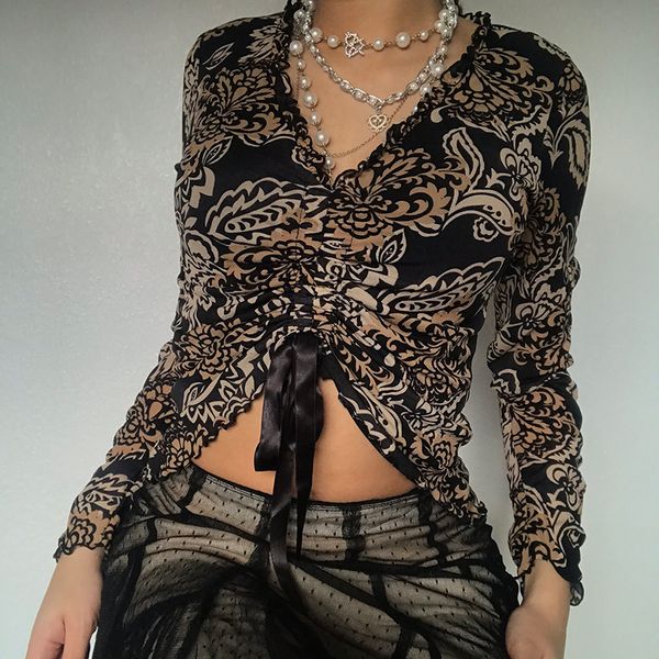 

women s t shirt 90s vintage floral graphic black t shirt women shirring v neck long sleeve skinny pullovers tees y2k fairy grunge crop 23082, White