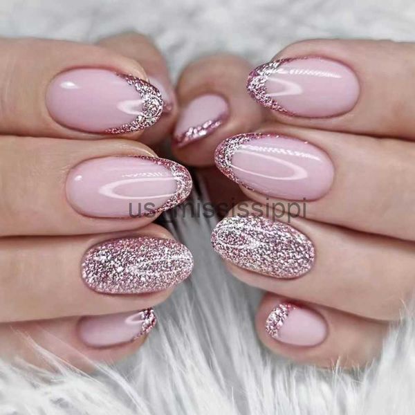 

false nails 24pcs short oval french pink fake nails shining false nails with jelly stickers full cover ballerina nail tips press on nails x0, Red;gold