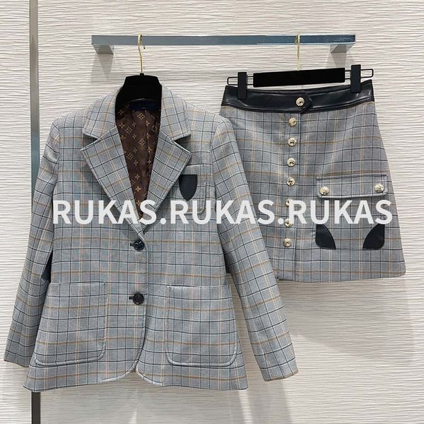 

luxury suit skirt long suit jacket simple casual grey matching plaid lapel wool blend suit plaid skirt suit fashion date daily commute suit, White