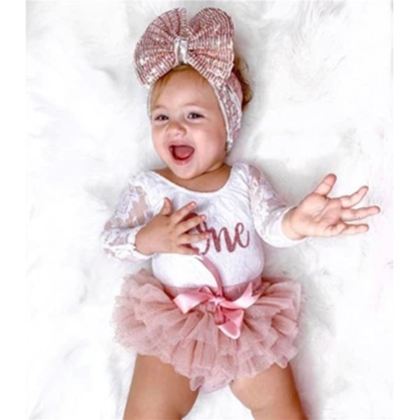 

clothing sets baby girls my first birthday outfits cute long sleeve floral lace romper tutu skirt headband set 030months 230825, White