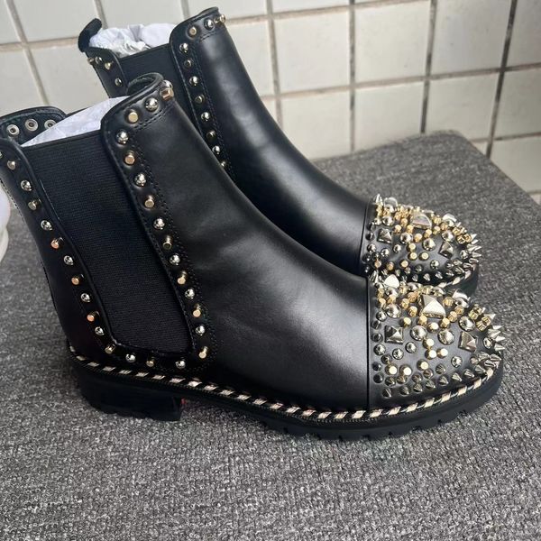 

women's shoes bottomed women's short boots double-layer outsole wear-resistant personality full toe rivet design size 35-41 slip-o, Black