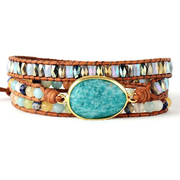 

bangle exclusive womens bracelets high end amazonite stone rhinestone 3 rows leather wrap bracelet femme boho bracelets dropship, Black