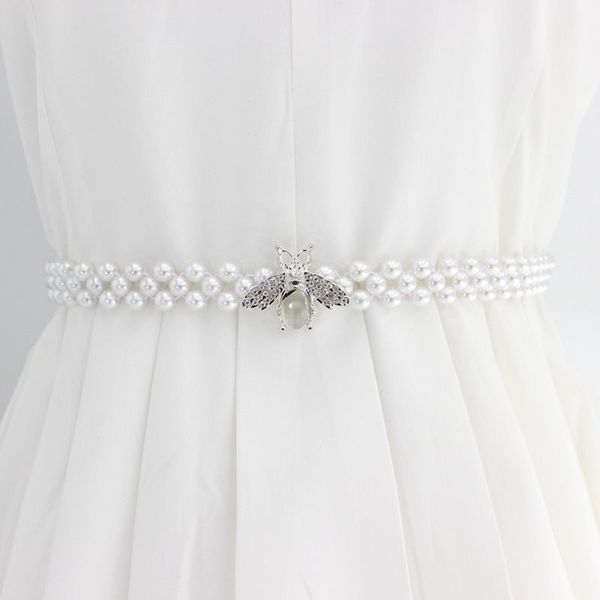 

wedding sashes women's water diamond pearl waist chain fashion dress decoration elastic belt, White