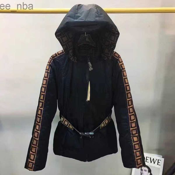 

womens down jacket classic prakas winter fashion coats with hat belts letter pattern outerwear, Black