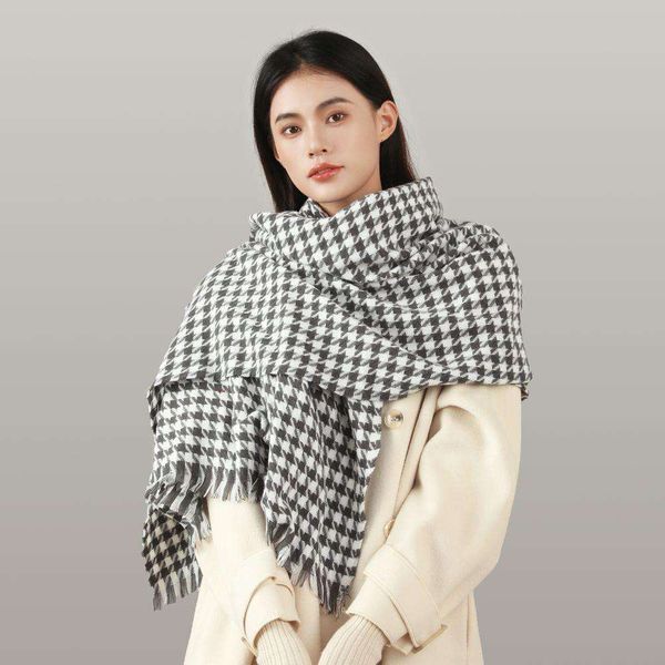 

autumn and winter style sweet fashion scarf womens thick warmth all match thousand birds plaid shawl, Blue;gray