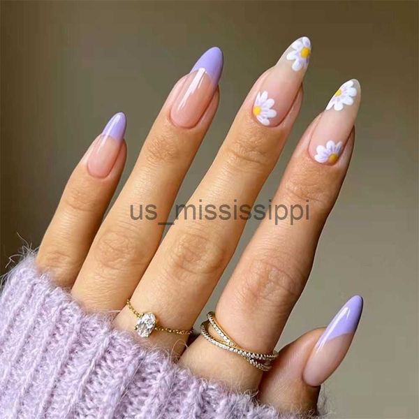 

false nails 24pcsbox fresh floral almond false nails press on nails detachable fake nail tip purple with design manicure patches x0826, Red;gold