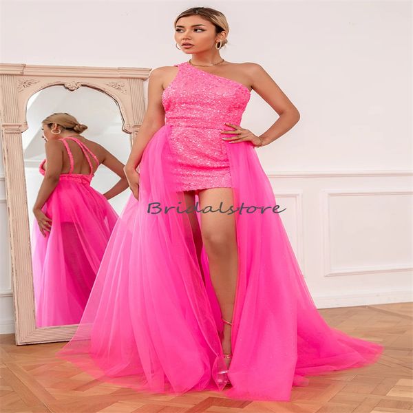 

luxury pink sequin evening dress with detachable train 2 in 1 hi low prom dress 2023 one shoulder short royal blue cocktail party vestios de, Black;red