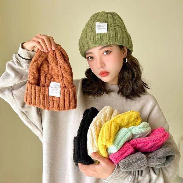 

afshor new winter wool knit hat women's woolen bonnet warm ear protection cold skullies pullover solid color versatile show cap, Blue;gray