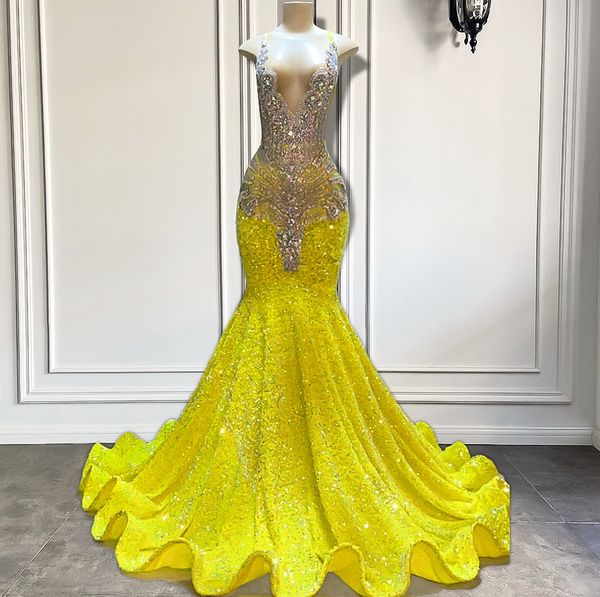 

luxury sparkly yellow prom dress 2024 women gold diadmond black girls mermaid long birthday party formal gowns robe de soiree customed