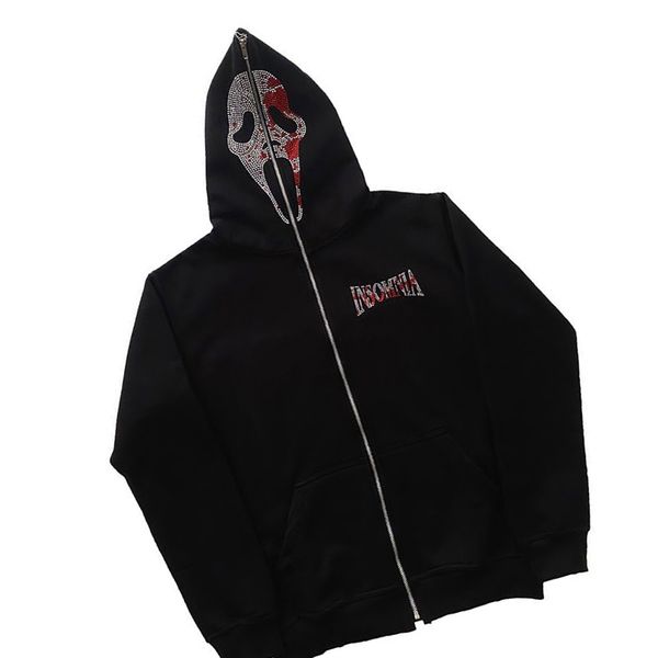 

y2k long sleeved super dalian hoodie jacket men's hoodie sports coat pullover gothic rhinestone zip hoodie devil gothic sweatshirt, Black