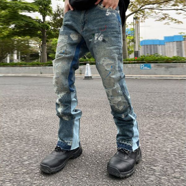 

women s jeans high street retro ink splash patchwork ripped flare pants men and women straight casual oversized loose denim trousers 230826, Blue