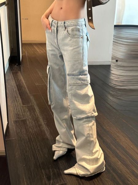 

womens jeans vintage washed light color large pocket workwear female american high street design loose straight wide leg mopping pants 23082, Blue