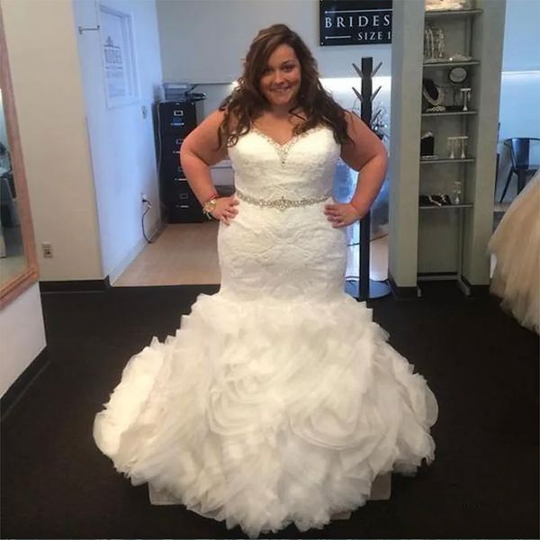

plus size mermaid wedding dresses sweetheart neckline lace bodice ruffles organza skirt beaded bridal plus size dresses, White