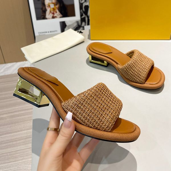 

designer slides slippers for woman weave heel fabric sandals sculptural heels mule flip flops cut-out heeled slider summer rubber sole, Black