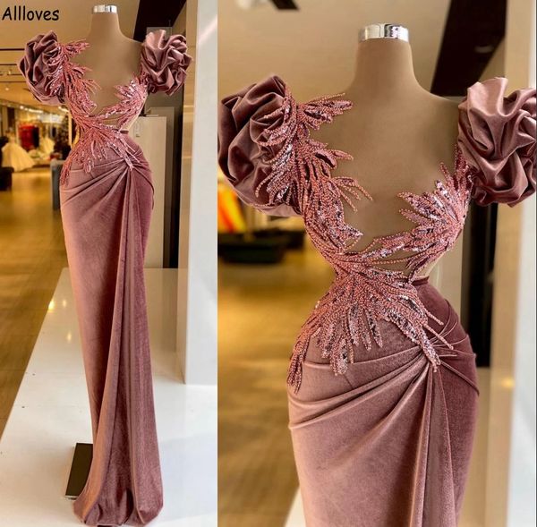 

gorgeous velvet sheath evening dresses sparkly sequined puff short sleeves women formal occasion long party gowns illusion neck second recep, Black;red