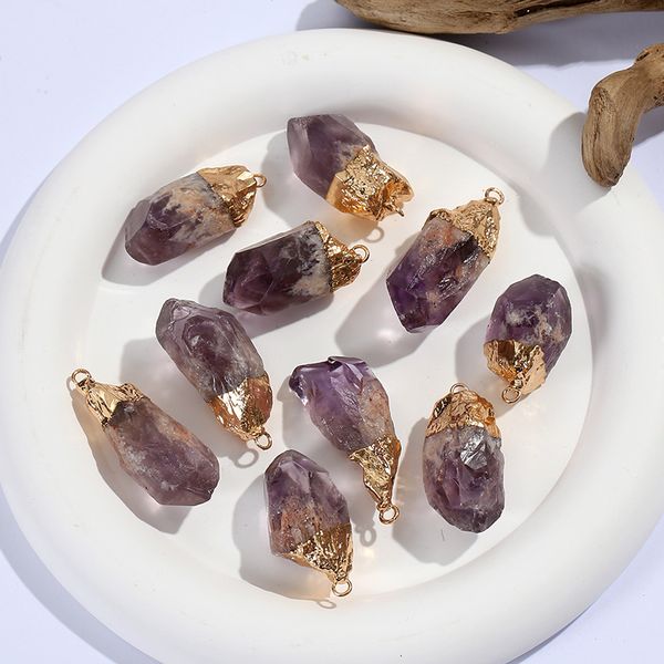

gold plated natural druzy amethyst pendant irregular crystal raw stone pillar charms for necklace earrings jewelry making accessory, Bronze;silver