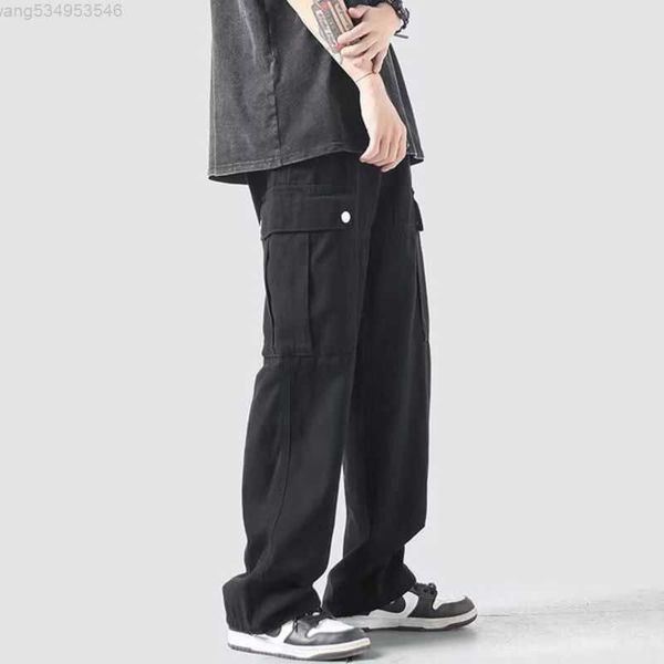 

godlikeu japanese cargo pants men's large mulit pocket straight fashion fried street trousersltqj, Black