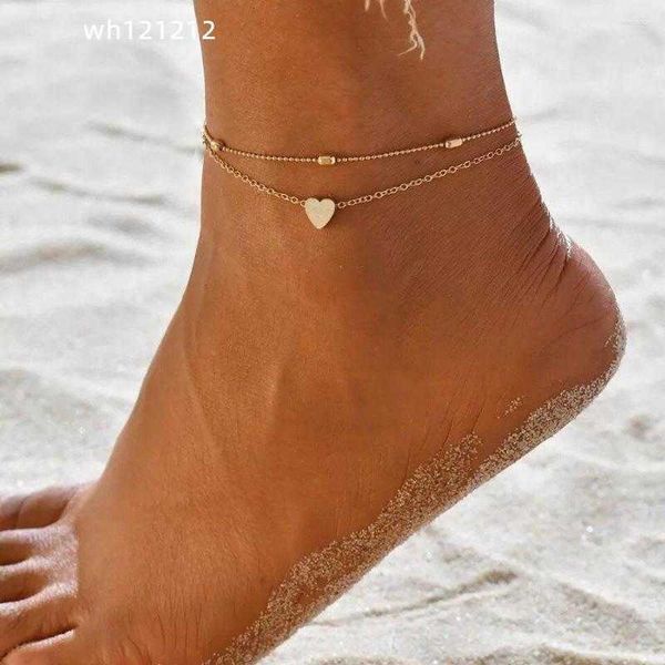 

anklets summer beach beads peach heart chain for women fashion metal gold color double layer barefoot ankle bracelets, Red;blue