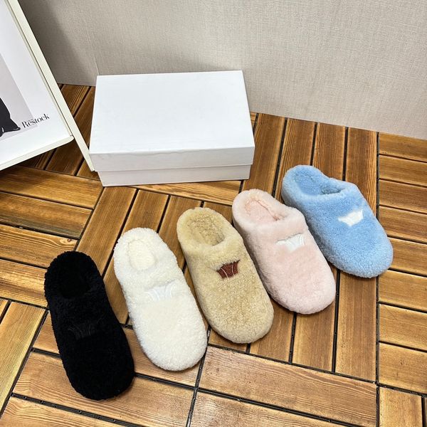 

luxury designer chip fur slippers fashion fur sandals women wool flat slippers winter fashion cotton shoes, Black