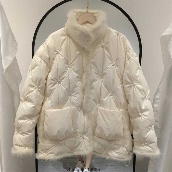 

pinghu down jacket with mink fur stitching embroidery standing collar down jacket for women's fashion, white warm jacket, white duck do, Black