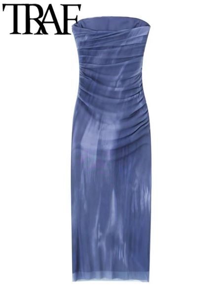 

basic casual dresses traf woman fashion blast screen printed dress backless sleeveless strapless midi long robe vestidos party 2023 230825, Black;gray