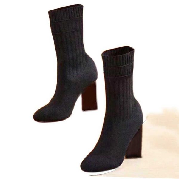 

heeled heel boots elastic boot women shoes high heels autumn winter socks fashion knitted designer alphabetic lady letter thick large 01, Black
