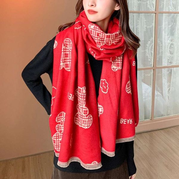 

christmas present cute cartoon bear cashmere scarf womens winter warmth long napped dual use for students, Blue;gray