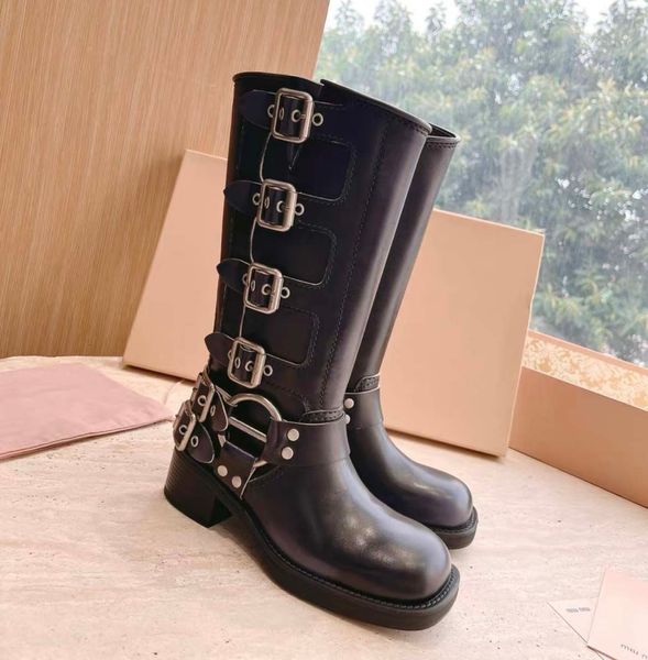 

designer boots harness belt buckled cowhide leather biker knee boots chunky heel zip knight boots fashion square toe ankle booties western b, Black