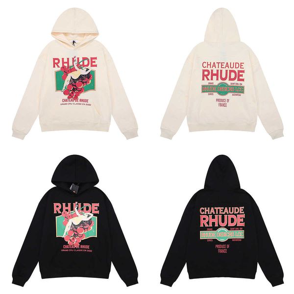 

autumn and winter fashion rhude grape beauty print cotton terry hoodie sweatshirt, Black