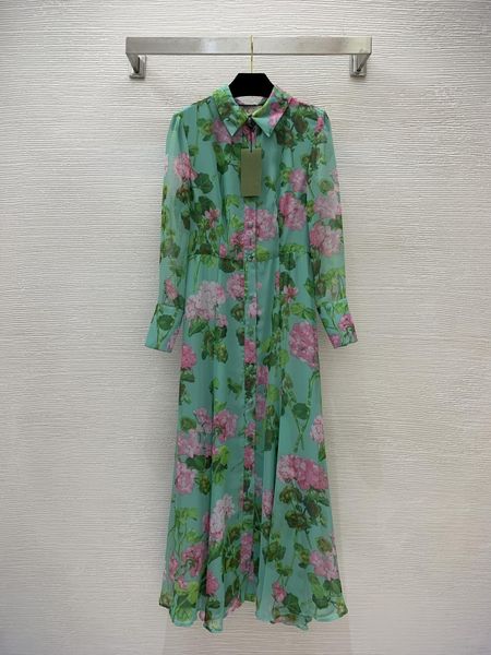 

basic & casual dresses european designer dress 2023 new flower print button open lapel waist slim large hem long sleeve dress, Black;gray