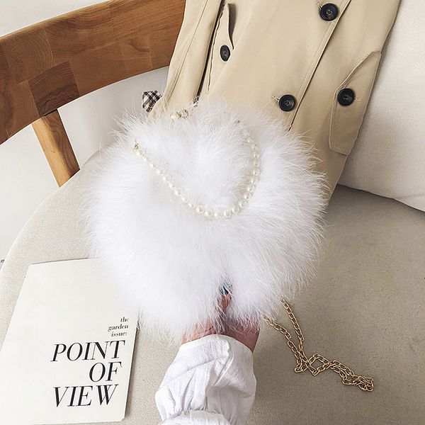 

Factory sales women shoulder bags 3 colors luxury sweet fire chicken feather chain bag street fashion round Mao Mao handbags daily Joker Pearl handbag 10777#, Grey