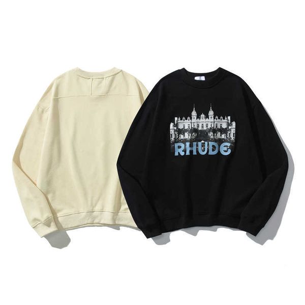 

round collar men's and women's sweater autumn fashion brand rhude hd castle print fat guy large terry sweater men, Black