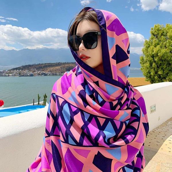 

travel scarf item womens sunblock shawl dual use beach external wear national style thin for, Blue;gray