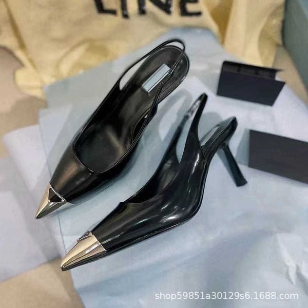 

shoes edition letter triangle metal pointed thin high heel single genuine leather back air sandals, Black