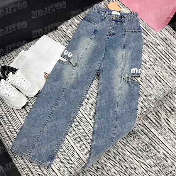 

letter print ripped denim pants for women designer high grade jeans girl street style straight leg pant, Black