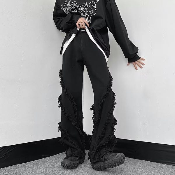 

mens jeans cyber y2k streetwear black baggy stacked flare pants for men straight loose women cotton long trousers pantalon homme, Blue