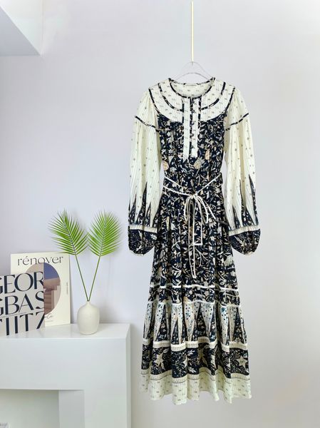 

basic & casual dresses european designer dress for autumn 2023 with custom dark patterned silk cotton fabric printed long sleeved skirt, Black;gray