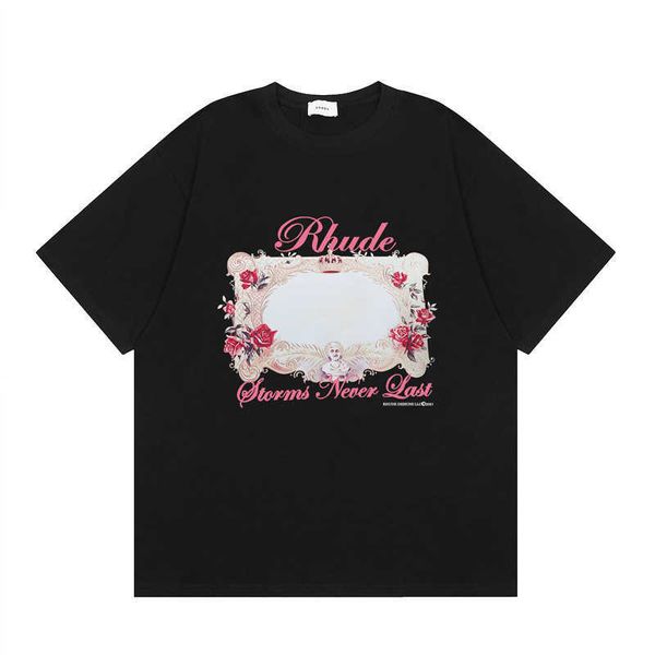 

american high street fashion brand rhude flower p frame letter printing casual loose short sleeve t-shirt summer, White;black
