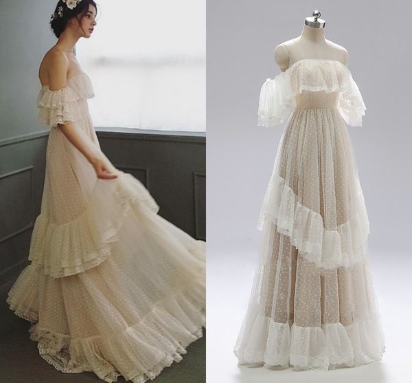 

champagne off shoulder polka dots wedding dress 2023 tiered lace ruffle victorian rustic backless princess bridal gown vestidos de novia, White