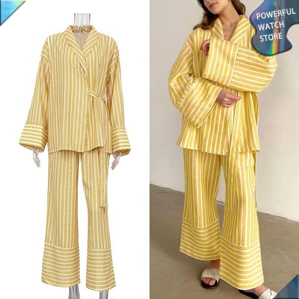 

womens two piece pants striped long sleeve loose lace up suit autumn high waist fashion casual set clothing 230826, White