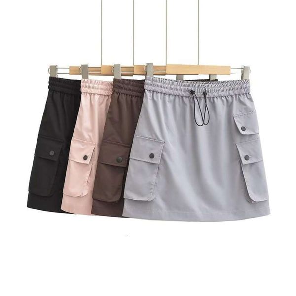 

summer all matching drawstring short skirt slim a line casual wind pure color stitching pocket work dress for women, Black