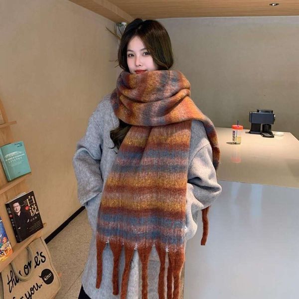 

korean style womens autumn neckerchiefs and winter retro gradient changing striped scarf student thick warm mohair, Blue;gray